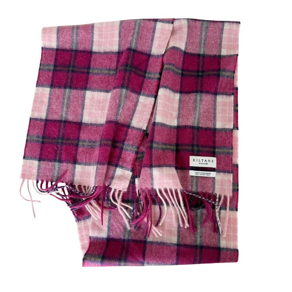 Kiltane Scotland 100% Cashmere Scarf Pink Magenta Plaid Fringe - One Size